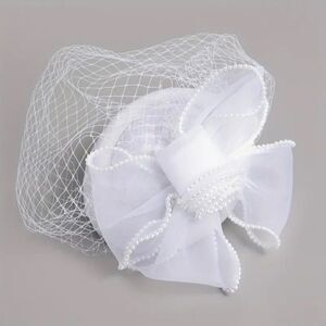 Feather and Polka Dot Fascinator With Lace Gloves For Weddings Dress up and more